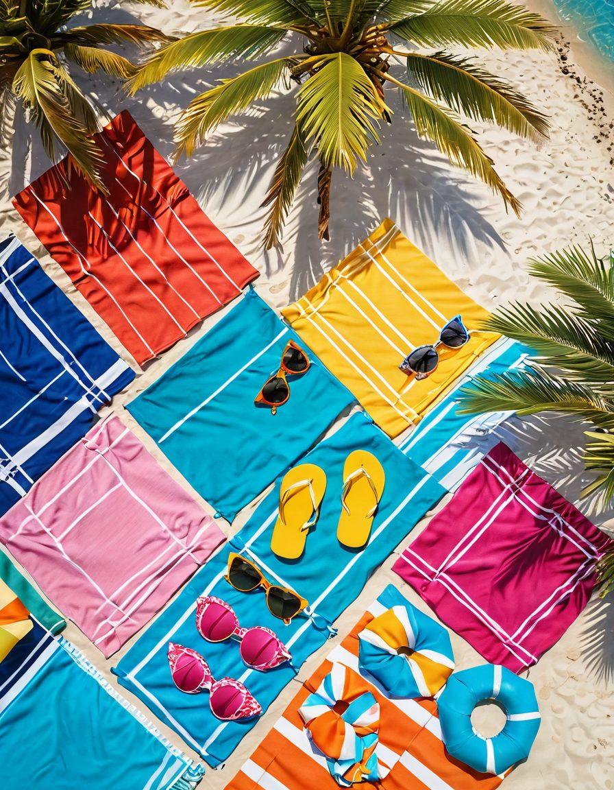 A bright, sunny beach scene featuring a stylish array of bikinis displayed on colorful beach towels. In the backdrop, luxurious beach resorts can be seen, with palm trees swaying and people lounging under umbrellas. Add vibrant summer accessories like sunglasses, flip-flops, and a beach ball scattered around. Capture a sense of relaxation and joy in the atmosphere. vibrant colors. tropical theme. 3D.
