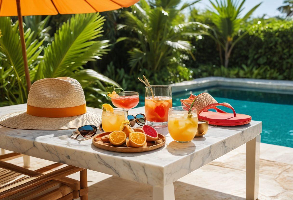 A luxurious poolside setting showcasing elegant sun loungers with stylish beach umbrellas, surrounded by lush tropical plants. Fashionable accessories like oversized sunglasses, trendy hats, and chic stackable bracelets are artfully displayed on a marble table. A tastefully arranged cocktail with a colorful garnish sits beside a pair of pristine flip-flops. The scene is bathed in warm golden sunlight, reflecting the essence of a summer day. vibrant colors. super-realistic.